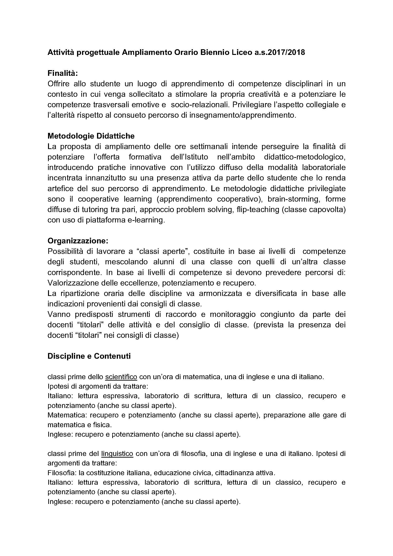 Attivita progettuale Ampliamento Orario Biennio Liceo a.s. 2017 2018 Pagina 1