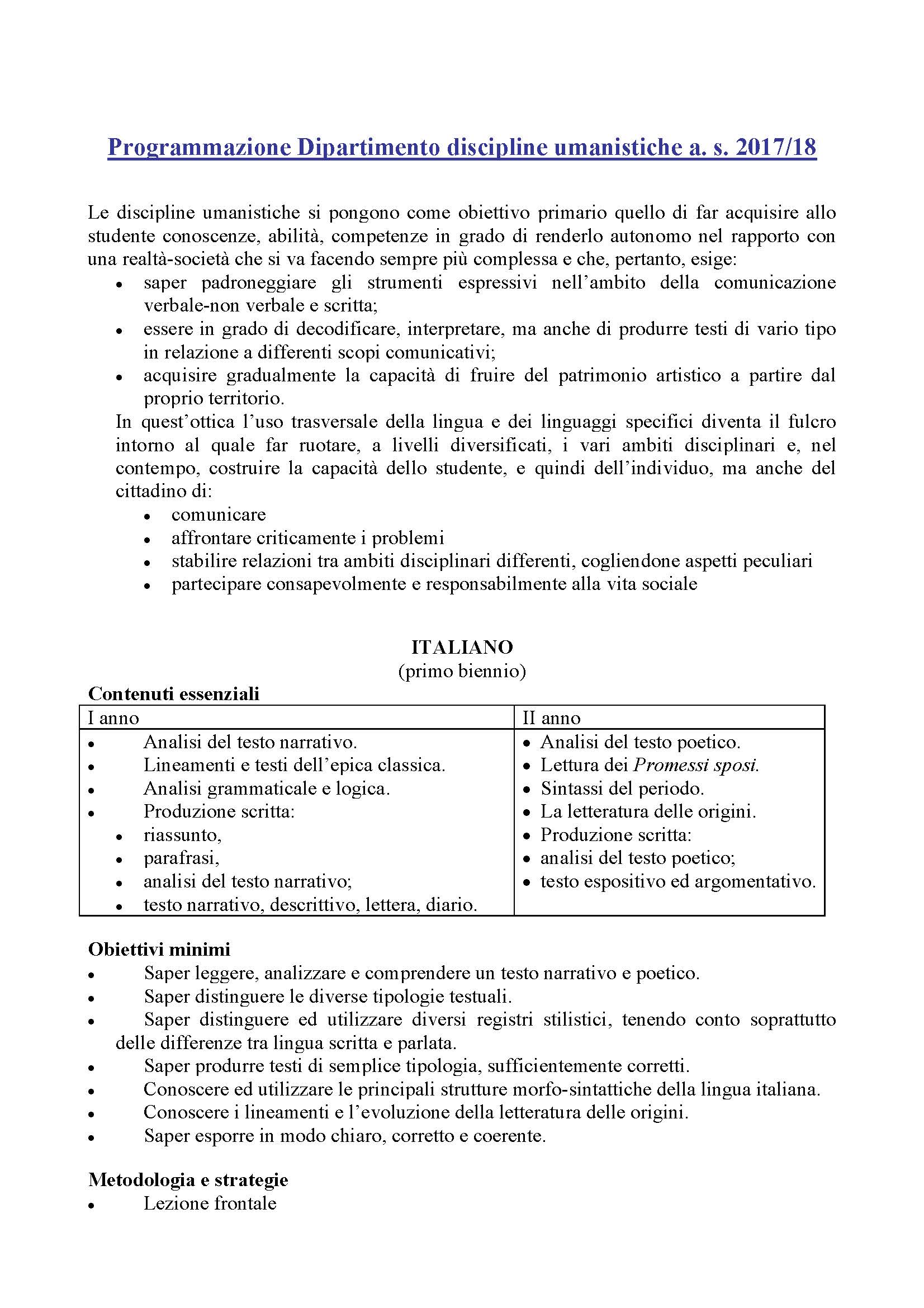 Programmazione Dipartimento discipline umanistiche a.s. 2017 18 Pagina 01